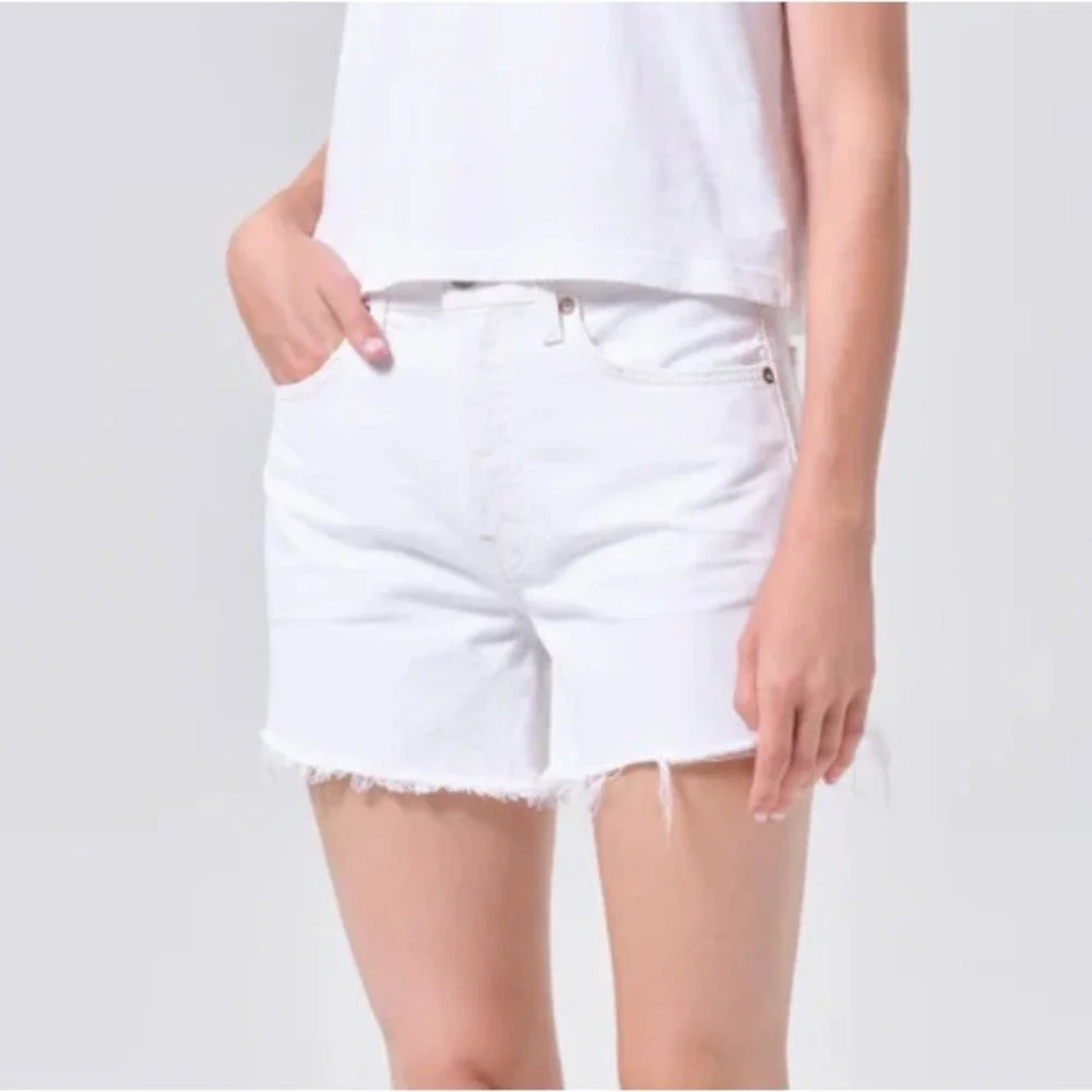 AGOLDE Parker Long Cutoff Shorts White Organic Cotton High Rise‎ Raw Hem Size 33